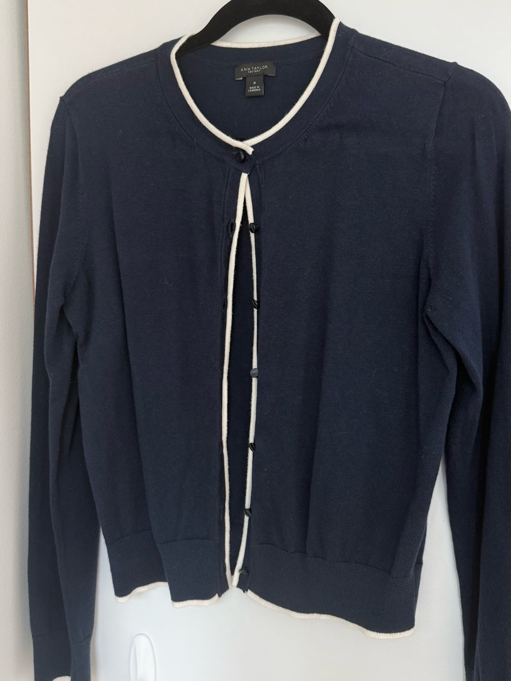 Ann Taylor Navy Contrast-Trim Cardigan Sweater